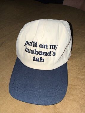 Cream & Navy Embroidered Baseball Hat Cap - “Put It On My Husband's Tab”